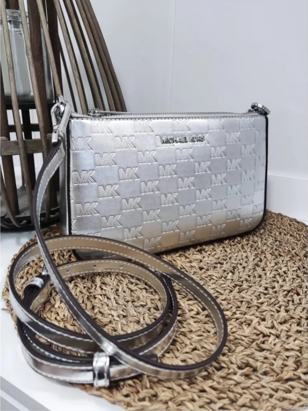 NWT. Michael Kors Jet Set metallic silver crossbody bag